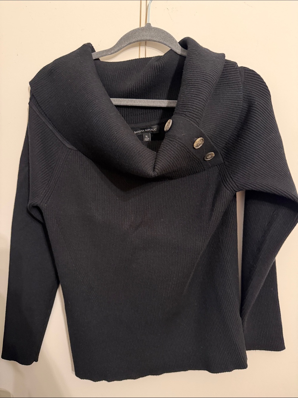 Banana Republic Black Ribbed Cowlneck Sweater with Button Detail